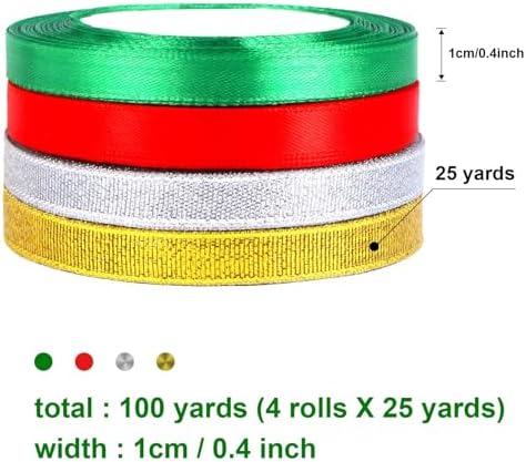 DECYOOL 4 Rolls Christmas Ribbon Metallic Glitter Satin Gift Ribbons