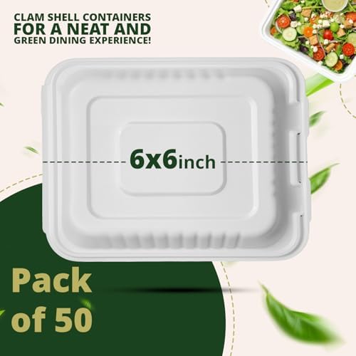 100% Compostable Clamshell Take Out Food Containers 6X6" 50-Pack Heavy-Duty Quality to go Containers, Natural Disposable Bagasse, Eco-Friendly Biodegradable Made of Sugar Cane Fibers