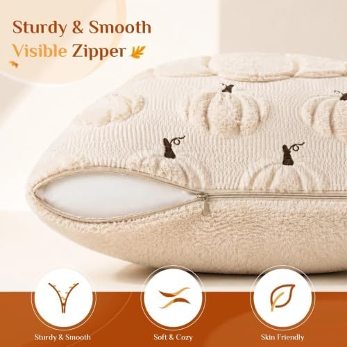 Fall Beige Pillow Covers 18x18 Set of 2 Double-Sided Pumpkin Plush