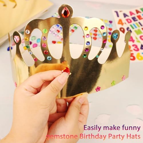 46 Pcs Paper Crowns DIY Party Hats Gold Decorative Crown Supplies with Jewels Gems Stickers for Birthday Party Celebrations