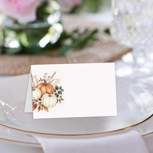 25Pcs Fall Thankful Pumpkin Floral Place Cards,Thanksgiving Tent Blank Seat Cards, Guest Seating Card for Autumn Party Wedding Buffet Party Table Setting Supplies, 2.1 x 3.5 Inch Folded -20