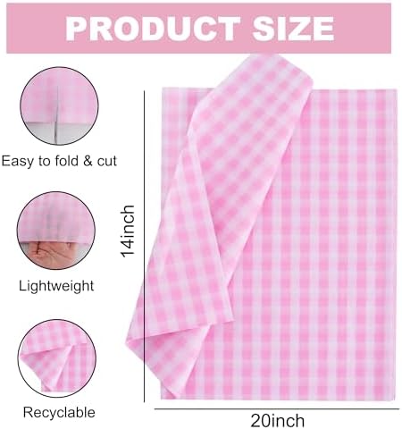 BEISHIDA Gingham Tissue Paper Bulk，Pink and White Checkered Wrapping Tissue Paper for Gift Bags, 14 x 20 Inch Gift Wrap for Valentines Birthday Easter DIY Crafts Decor Holiday Flowers-50 Sheets