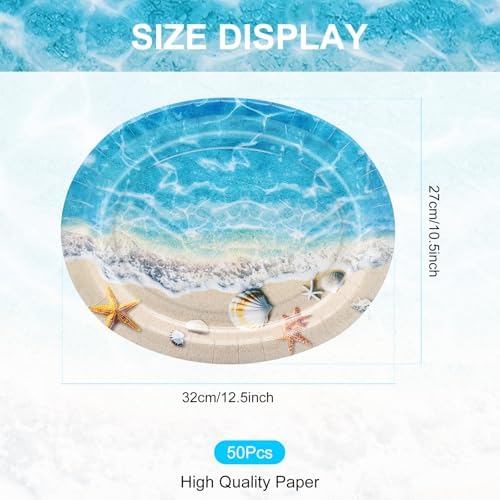 50 Pack Oversized Beach Party Oval Paper Plates – 12 Inch Disposable Paper Plates with Ocean Wave Sea Shell Starfish Design for Summer Beach Party, Luau, Pool Party, BBQ and Coastal Party Supplies