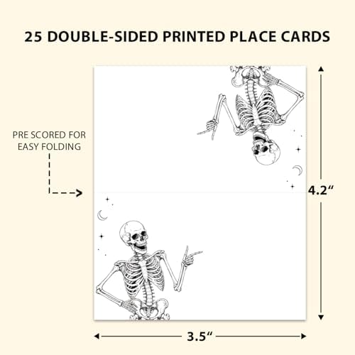Halloween Place Cards for Table Setting, Skeleton Tent Cards Decor For Birthday Baby Shower Autumn Party Reception Decorations, Bridal Shower Place Card, 25 Pack Birthday Food Name Card 2 x 3.5" /035