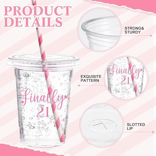 Funnymoom 50 Sets 21st Birthday Cups for Women 16 oz Plastic Cups with Lids and Straws Clear Happy Birthday Disposable Drinking glasses Bulk for Finally 21 Anniversary Party Supplies