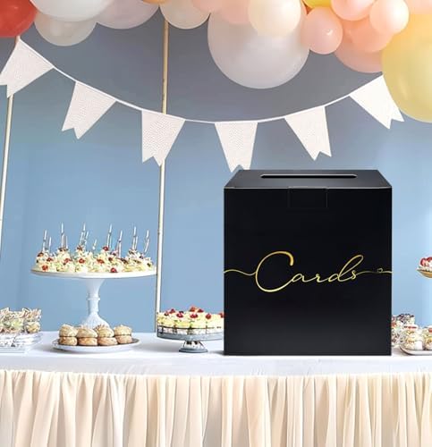 HEIPINIUYE Large Card Box for Party 9.8" x 9.8" Black Gift Card Box Holder with Gold Foil Design for Wedding Birthday Baby Shower Retirement Graduation Party Raffle Box
