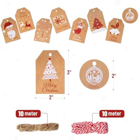 Mr. Pen- Christmas Gift Tags, 100 pcs, with Hemp Rope, 10 Designs