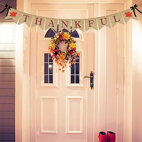 ERKOON Thankful Burlap Banner, Thankful Burlap Wall Banner, Thanksgiving Decor for Harvest Time Thanksgiving Party Decorations