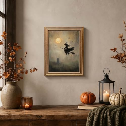 Wemandh Vintage Halloween Wall Art, Gold Framed Flying Witch on Broom Canvas Print, Spooky Full Moon Castle Picture, Dark Academia Goth Room Decor for Home (9.5'' x 12'')