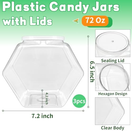 3 Pack Hexagon Plastic Candy Jars,72oz Clear Cookie Jar with Lid for Dry Food,Snacks,Candies,Cookies,Dog Treats,Laundry Pods,Coffee Pods,Craft Supplies