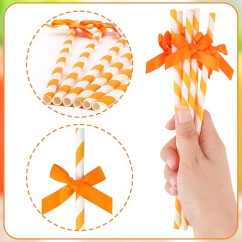 24 Packs Orange Bow Biodegradable Striped Paper Straws, Orange and White Disposable Drinking Straws for Birthday Carnival Summer Pool Party Wedding Baby Shower Halloween Party Decoration Supplies