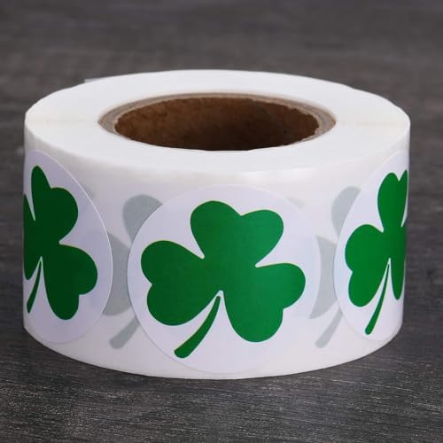 500Pcs St. Patrick's Day Stickers 1in Shamrock Stickers Roll Green Self-Adhesive Waterproof Clover Sticker Decor for Irish Holiday Party Scrapbook Journal Envelopes Decals Decorations