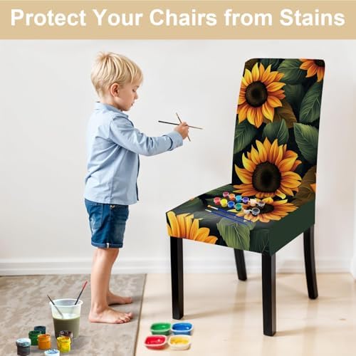 Sunflower Chair Covers for Dining Room – Stretch Floral Slipcovers with Bright Yellow Sunflowers on Dark Background – Washable Decorative Seat Protectors for Kitchen, Summer, Farmhouse Decor,Set of 4