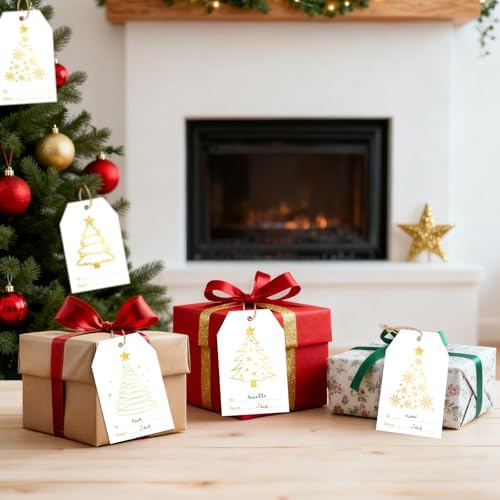 joycraft 60Pcs Christmas Name Gift Tags, 4 Styles Christmas Tree Tags
