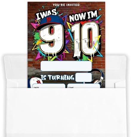 4x6 I Was 9 Now I'm 10" Urban 10th Birthday Invitation Set (20 Cards + 20 Envelopes) – Street Style Sports Themed Party Invites.(171)
