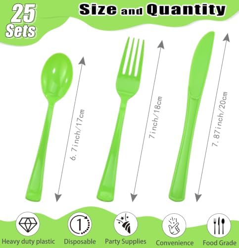HEIPINIUYE 75 Pack Lime Green Plastic Cutlery Heavy Duty Green Plastic Knives Forks and Spoons Disposable Silverware Set for 25 Guest Camping Birthday Baby Shower Wedding Party Utensils Set