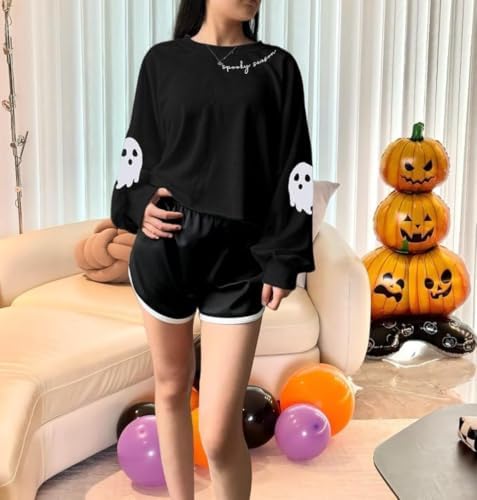 Women Fall Halloween Ghost Crop Sweatshirt Lantern Sleeve Pullover