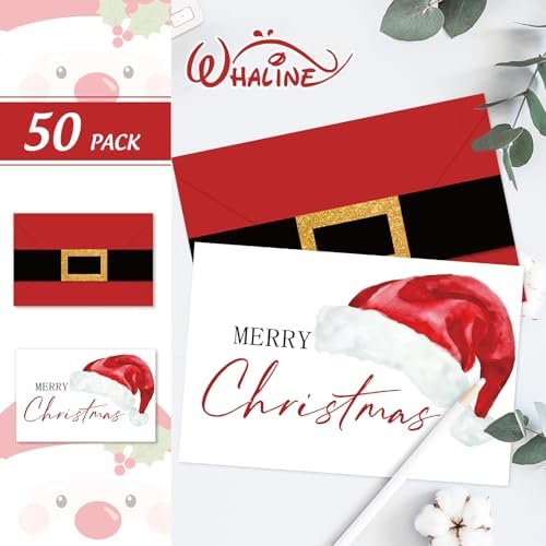 Whaline 50 Pcs Christmas Greeting Cards Santa Claus Blank Note Cards Boxed Blank Note Card with Envelope Stickers for Xmas Party Invitations, 4 x 6 Inch