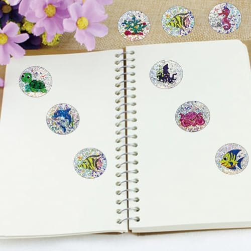500Pcs Round Sea Animals Stickers 1in Glitter Self-Adhesive Decorative Ocean Life Label Stickers Roll for Birthday Party Favors Teacher Reward Encouragement Envelopes Supplies