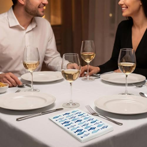 200 Pcs Blue Fish Disposable Paper Napkins Ocean Theme Guest Hand Towels for Bathroom Wedding Summer Beach Party Dinner Birthday Supplies