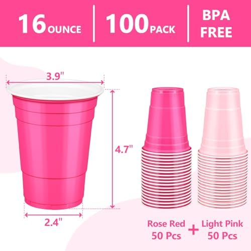 LANLISA 100Pcs Pink and Hot Pink Plastic Cups, 16 oz Disposable Cups For Birthday Party Decorations
