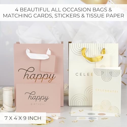 Beautiful Birthday Gift Bags Set of 4 with Tissue Paper, Cards & Stickers