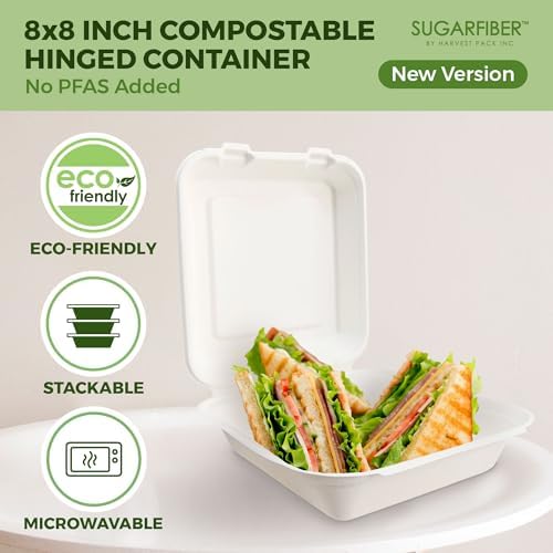 8X8 inch Compostable White Square Clamshell Take Out Food Containers togo