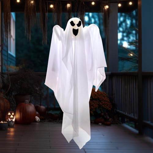 JOYIN 1 PC 27.5" Halloween Hanging Ghost Decorations Outdoor, Halloween Flying White Ghost Decor for Tree Front Yard Patio Lawn Garden, Haunted House Prop, Party Décor Outside