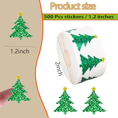 500Pcs Christmas Tree Stickers Roll - Laser Christmas Tree Shape Self-Adhesive Sealing Stickers, Green Sparkly Waterproof Decals for Christmas Party Envelope Scrapbook Decor