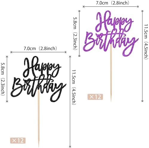 24 PCS Happy Birthday Cupcake Toppers Glitter Happy Birthday Cupcake Picks for Celebrating Anniversary Theme Party Cake Decorations Supplies Black Purple