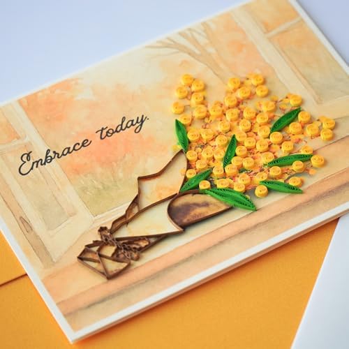 Quilling Friendship Card with Envelope - Handmade Warm Mimosa Bouquet Autumn Window Letter - Quilled Card for Her, Friend, Wife - Thank You Greeting Card - Paper Quilling Art 5x7 Inch