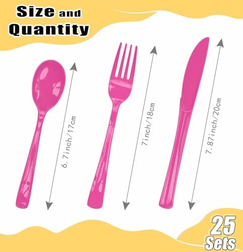 HEIPINIUYE 75 Pack Hot Pink Plastic Cutlery Heavy Duty Hot Pink Plastic Knives Forks and Spoons Disposable Silverware Set for 25 Guest Camping Birthday Baby Shower Party Cutlery Set