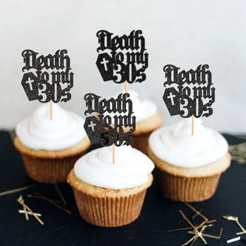 24Pcs Black Death to My 30s Cupcake Toppers Death to My Thirties Cupcake Picks for Gothic 40th Birthday Funeral 40th Birthday Anniversary Cupcake Decorations Rip to My Youth Emo Party Decorations