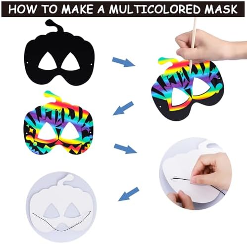 Max Fun 36PCS Halloween Rainbow Scratch Mask, Art Craft Kit for Kids Birthday Cosplay Classroom Decoration, Magic Scratch Paper Halloween Party Favor Supplies Bat Witch Pumpkin Zombie Pirate Skull