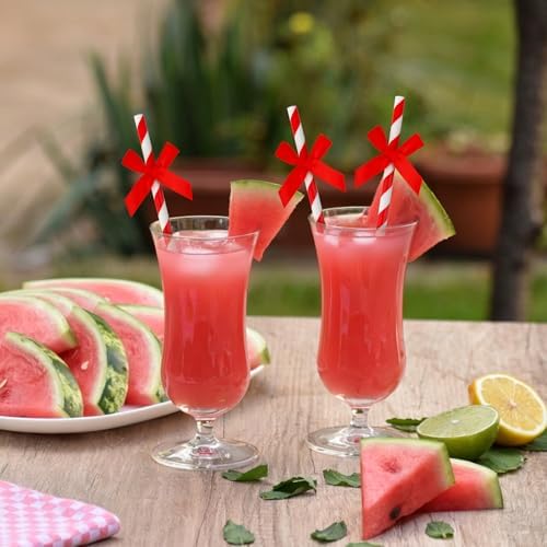 24 Packs Red Bow Biodegradable Striped Paper Straws, Red and White Disposable Drinking Straws for Birthday Carnival Summer Pool Party Wedding Baby Shower Halloween Christmas Party Decoration Supplie