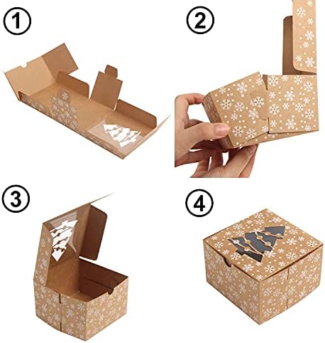 CCINEE Christmas Brown Cardboard Bakery Boxes, 24 Pack 4"x 4"x 2.5" Mini Cookie Boxes with Window Kraft Cake Box for Xmas Cupcakes Cookies Brownies Donuts Truffles Gift-Giving.