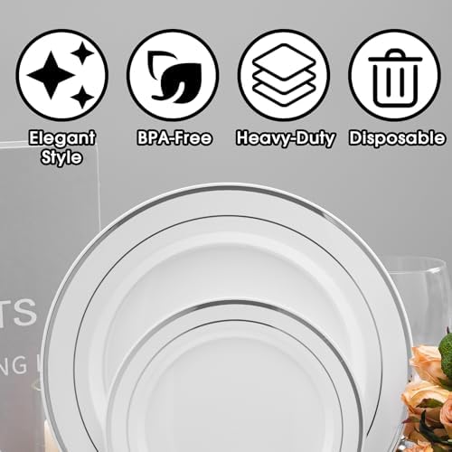 175 PCS White and Silver Plastic Dinnerware Set for 25 Guests