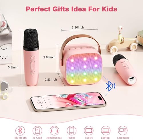 Mini Karaoke Machine with 2 Wireless Microphones, 2026 TOP Kids Portable Bluetooth Karaoke Machine for 3, 4, 5, 6, 7, 8, 9,10,11,12+Year Old, Christmas Birthday Gifts for Girls Boys Adults Home Party