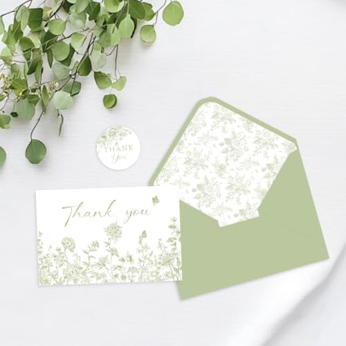 100 Pack Green Floral Thank You Cards With Envelopes Stickers