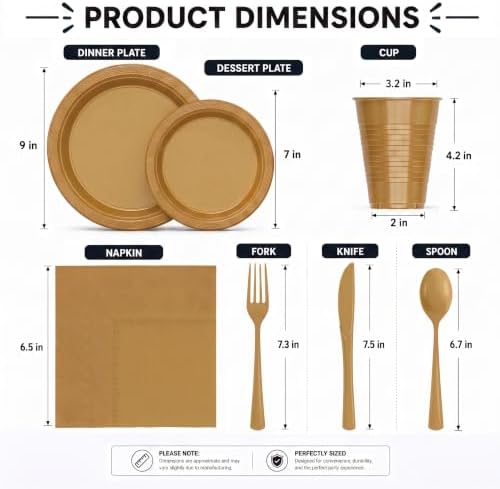 350 Pcs Gold Plastic Plates for Party Gold Disposable Plates Set 50 of Each 9 Dinner Plate Set 7 Dessert Plate Cups Napkins & Cutlery Plastic Dinnerware Set Exquisite