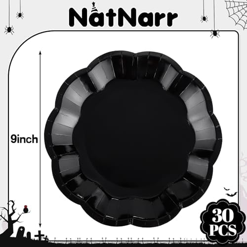 NatNarr 30 Pcs Black Paper Plates, 9 Inch Scalloped Halloween Dinner Plate