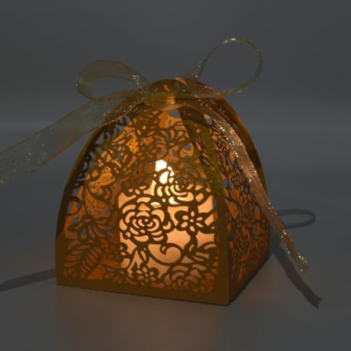 KPOSIYA Pack of 100 Laser Cut Rose Candy Boxes, Favor Boxes 2.5"x 2.5"x 3.1", Gift Boxes for Bridal Shower Anniverary Birthday Party Wedding Favor (100,Yellow)