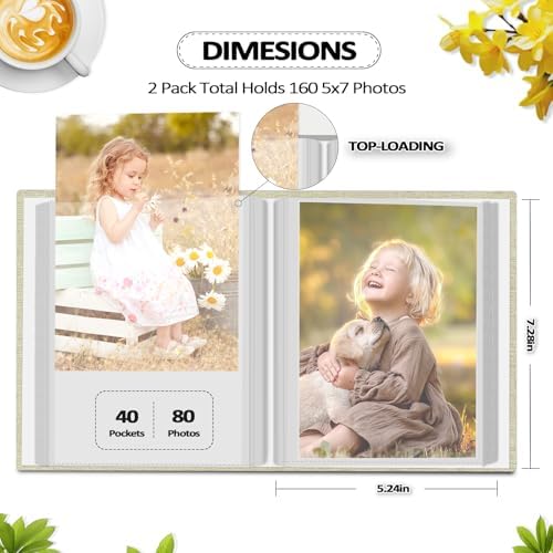 Popotop 2 Pack Photo Album 5x7 Pictures, Small Linen Slip-in Photo Albums Book for 80 Photos with 40 Pockets, Birthday Gifts for Women Mom Family Baby