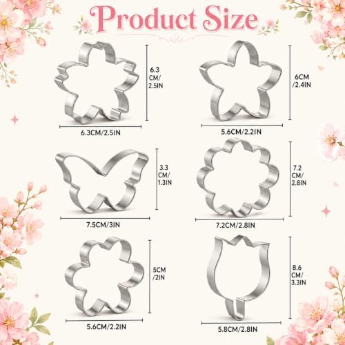 Flower Cookie Cutter Set, 6 PCS Tulip, Cherry Blossom, Frangipani, Daisy, Sunflower, Butterfly, Stainless Steel Holiday Cookie Cutter Shapes for Baking Biscuit Molds