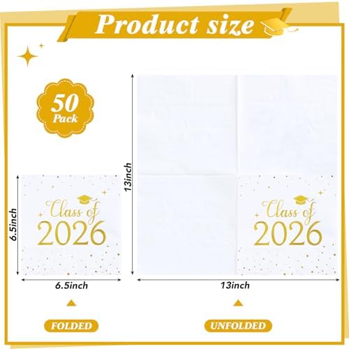 Natnarr Graduation Cocktail Napkins Class Of 2026, White Gold, 50 Pack