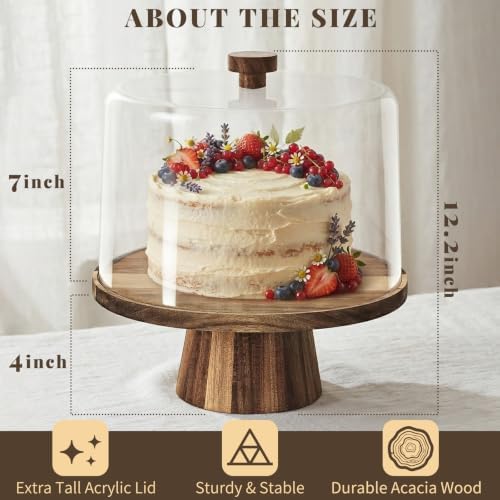 NWK 3-in-1 Acacia Wood 11 inch Cake Stand with Tall Acrylic Lid