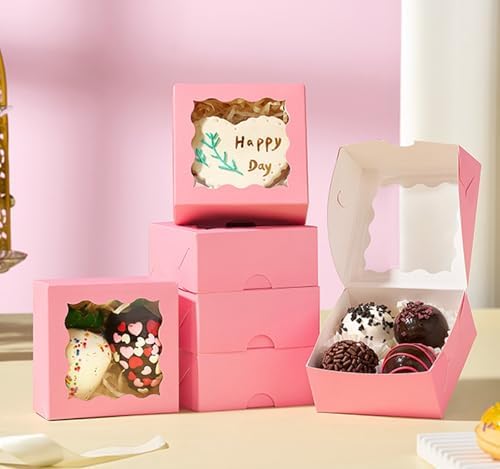 3.2x3.2x1.5 Inches 50PCS Mini Bakery Boxes with Window for Cookies, Soap, Chocolate Truffle, Donut, Macaron(Pink)
