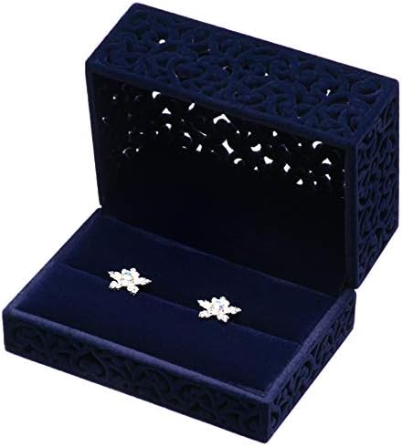 Hollow Velvet Ring Box Velvet Jewelry Box for Rings Couple Double Ring Bearer Box Engagement Gift (Dark Blue)