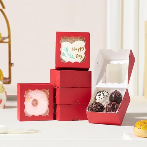 3.2x3.2x1.5 Inches 50PCS Mini Bakery Boxes with Window for Cookies, Soap, Chocolate Truffle, Donut, Macaron(Red)
