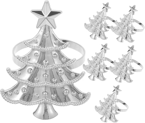 Silver Christmas Tree Napkin Rings Set of 6, Metal Xmas Napkin Holders, Wedding Dinner Table Decorations Winter Christmas Ornaments